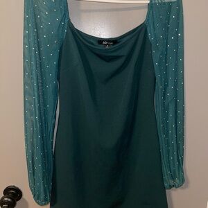 Macys teal dress with mesh sleeves